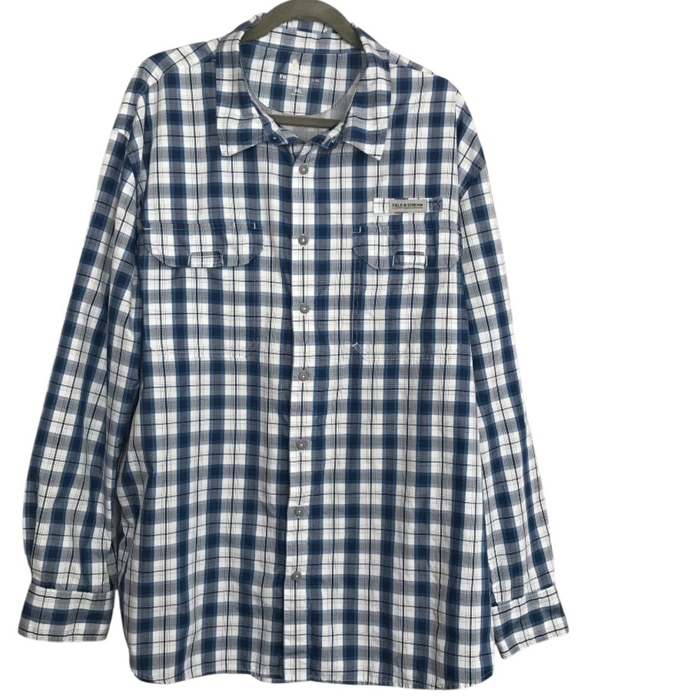 Field & Stream Men's Blue and White Plaid Shirt Size:2XL